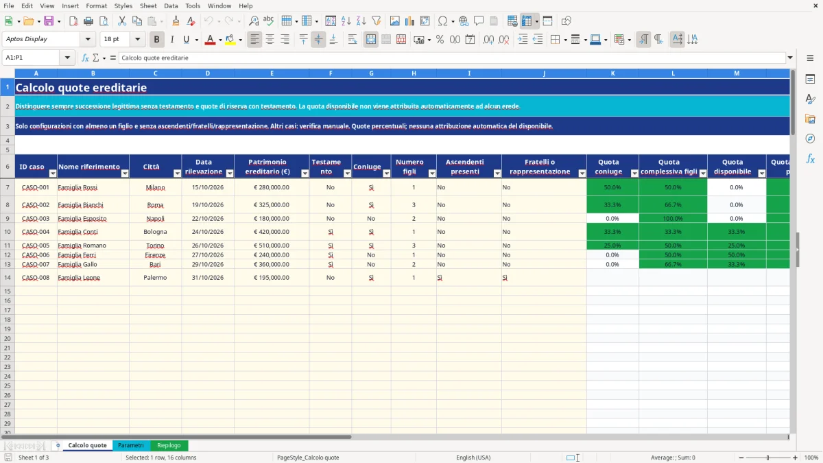 Anteprima del modello Excel calcolo quote ereditarie excel — foglio Calcolo quote (immagine 1)