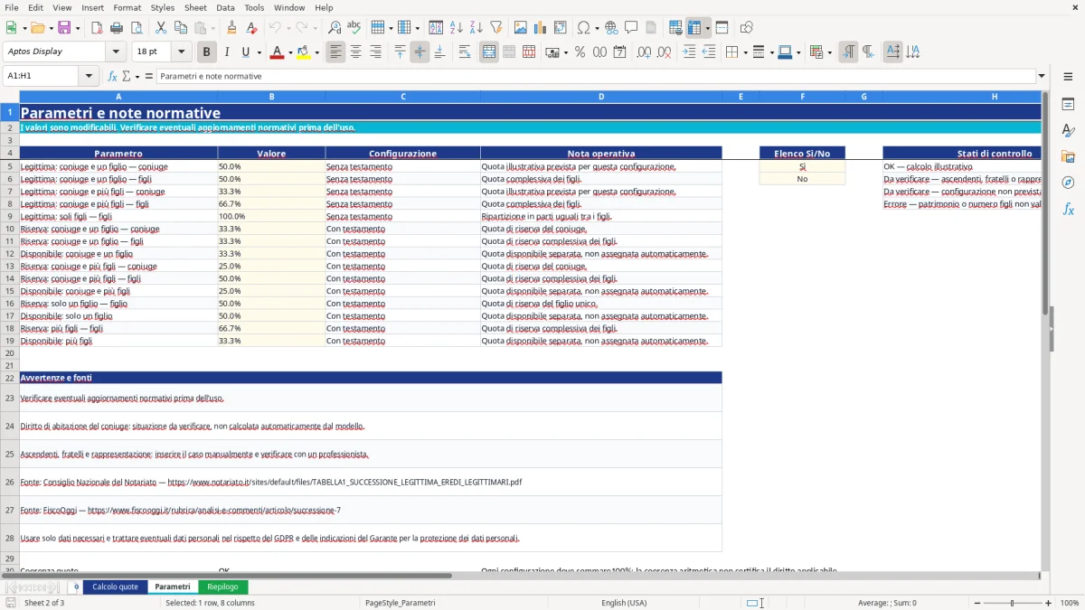 Anteprima del modello Excel calcolo quote ereditarie excel — foglio Parametri (immagine 2)