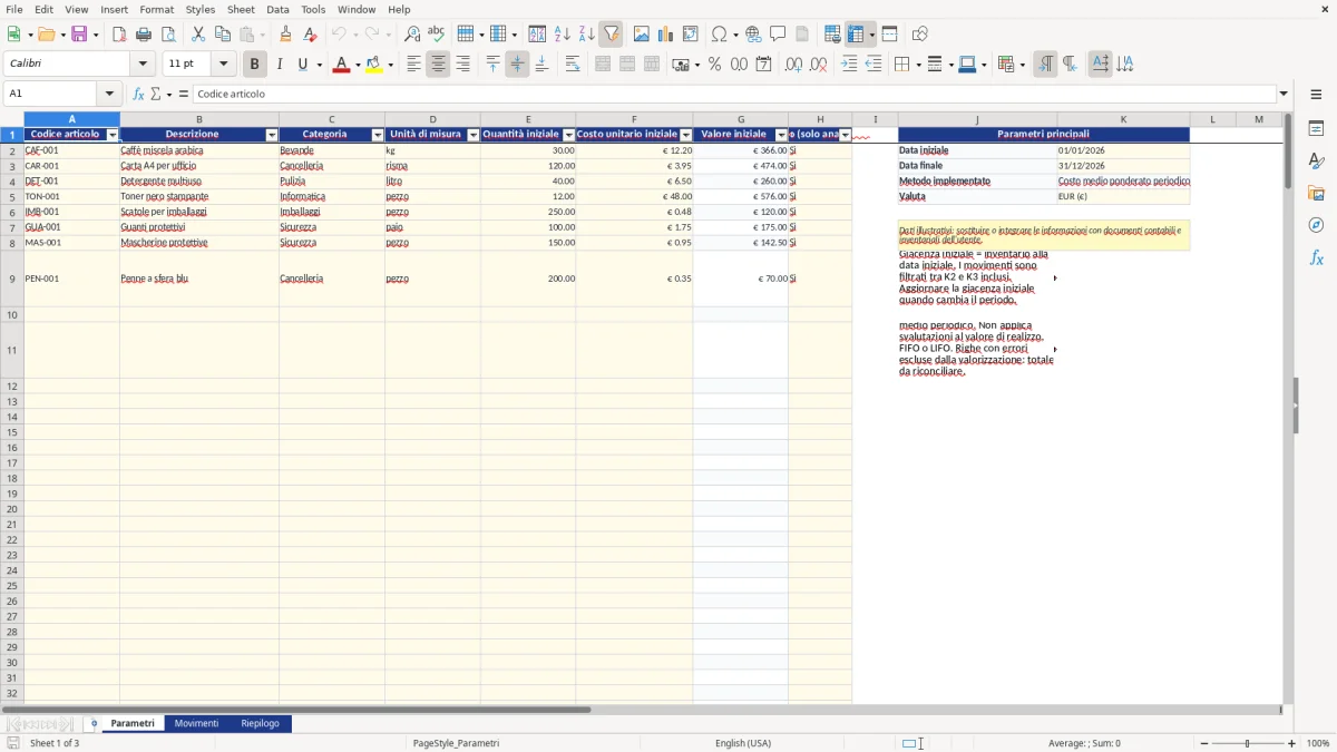 Anteprima del modello Excel calcolo rimanenze finali excel — foglio Parametri (immagine 1)