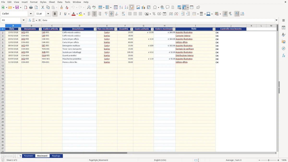 Anteprima del modello Excel calcolo rimanenze finali excel — foglio Movimenti (immagine 2)