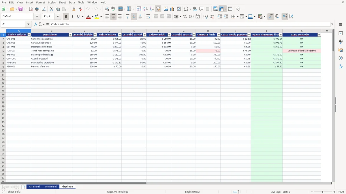 Anteprima del modello Excel calcolo rimanenze finali excel — foglio Riepilogo (immagine 3)