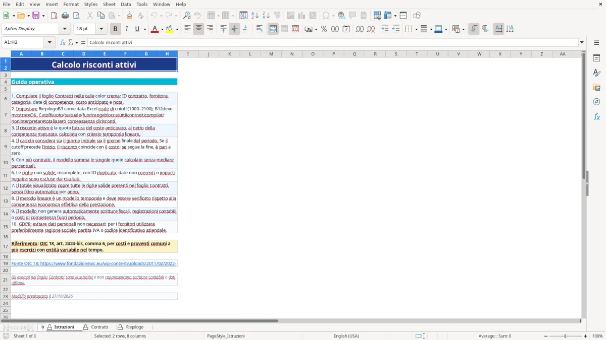 Anteprima del modello Excel calcolo risconti attivi excel — foglio Istruzioni (immagine 1)