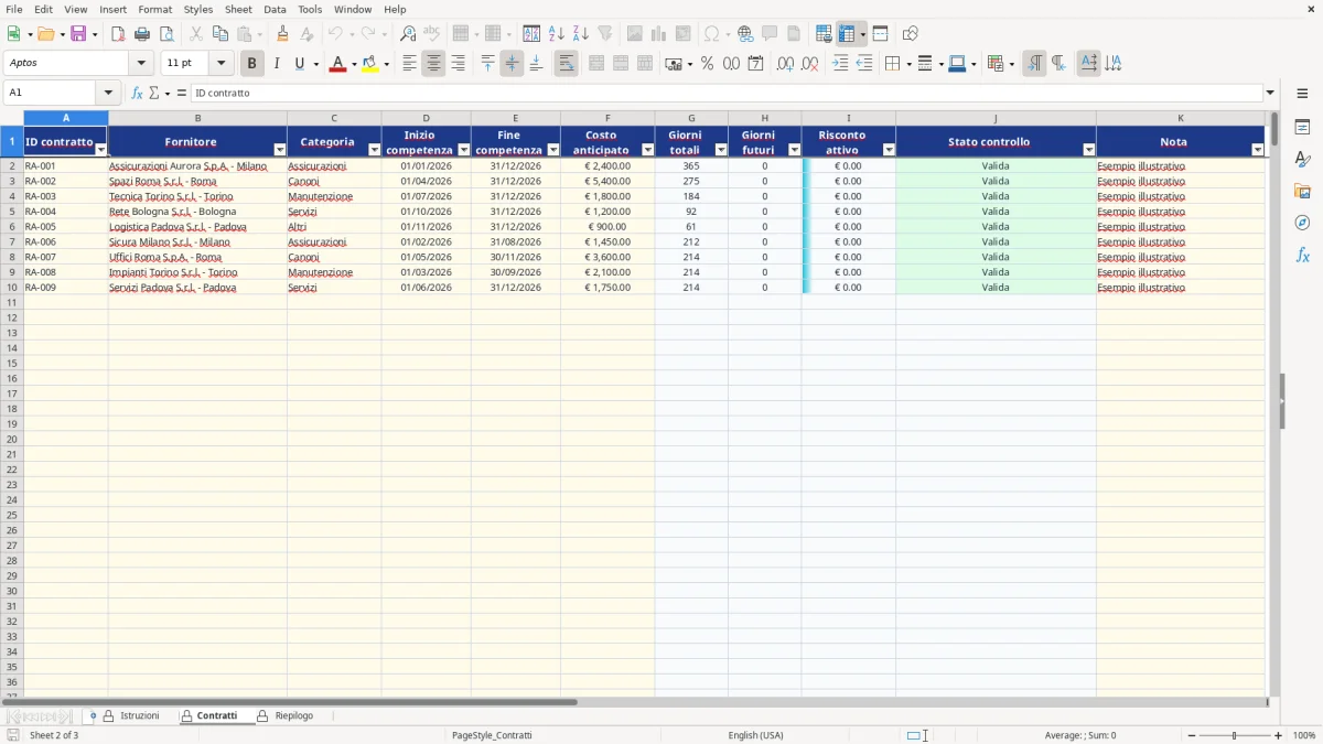 Anteprima del modello Excel calcolo risconti attivi excel — foglio Contratti (immagine 2)