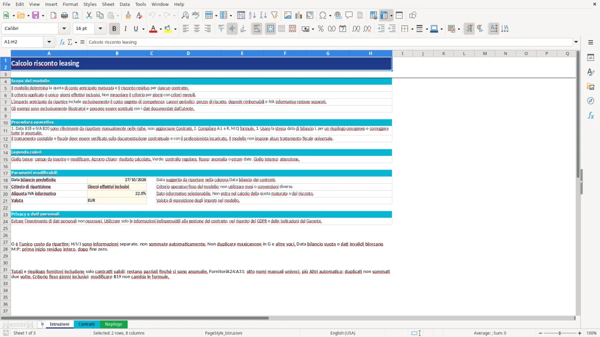 Anteprima del modello Excel calcolo risconto leasing excel — foglio Istruzioni (immagine 1)