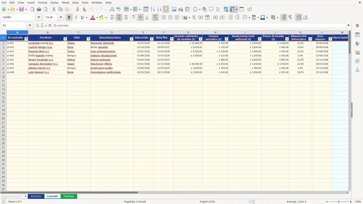 Anteprima del modello Excel calcolo risconto leasing excel — foglio Contratti (immagine 2)