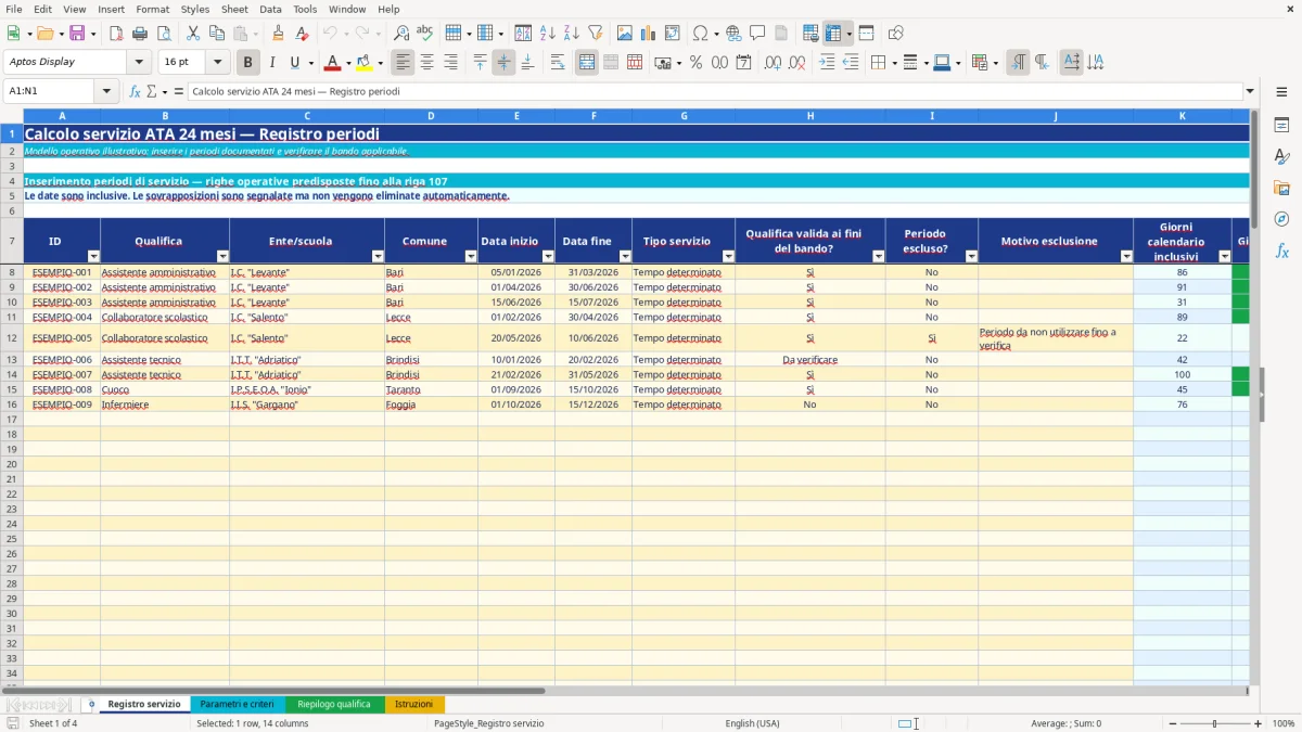 Anteprima del modello Excel calcolo servizio ata 24 mesi excel — foglio Registro servizio (immagine 1)