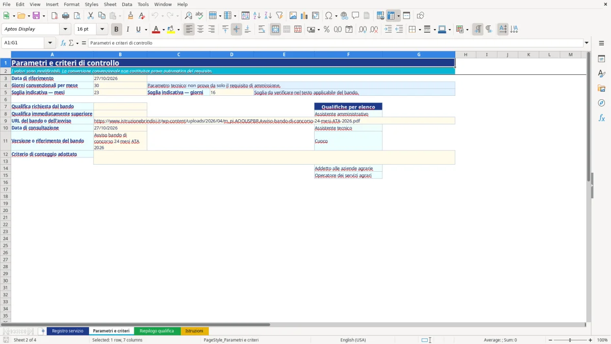 Anteprima del modello Excel calcolo servizio ata 24 mesi excel — foglio Parametri e criteri (immagine 2)
