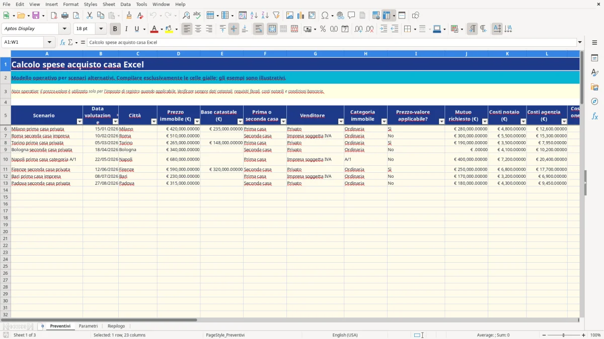 Anteprima del modello Excel calcolo spese acquisto casa excel — foglio Preventivi (immagine 1)