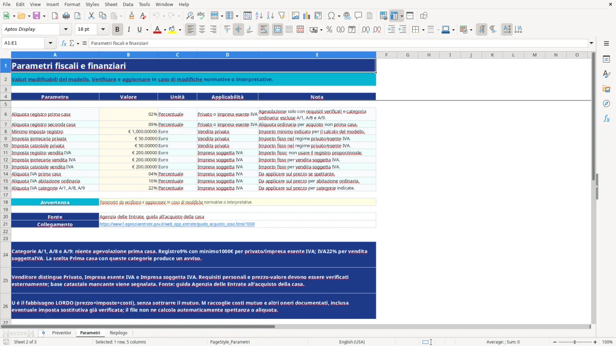 Anteprima del modello Excel calcolo spese acquisto casa excel — foglio Parametri (immagine 2)