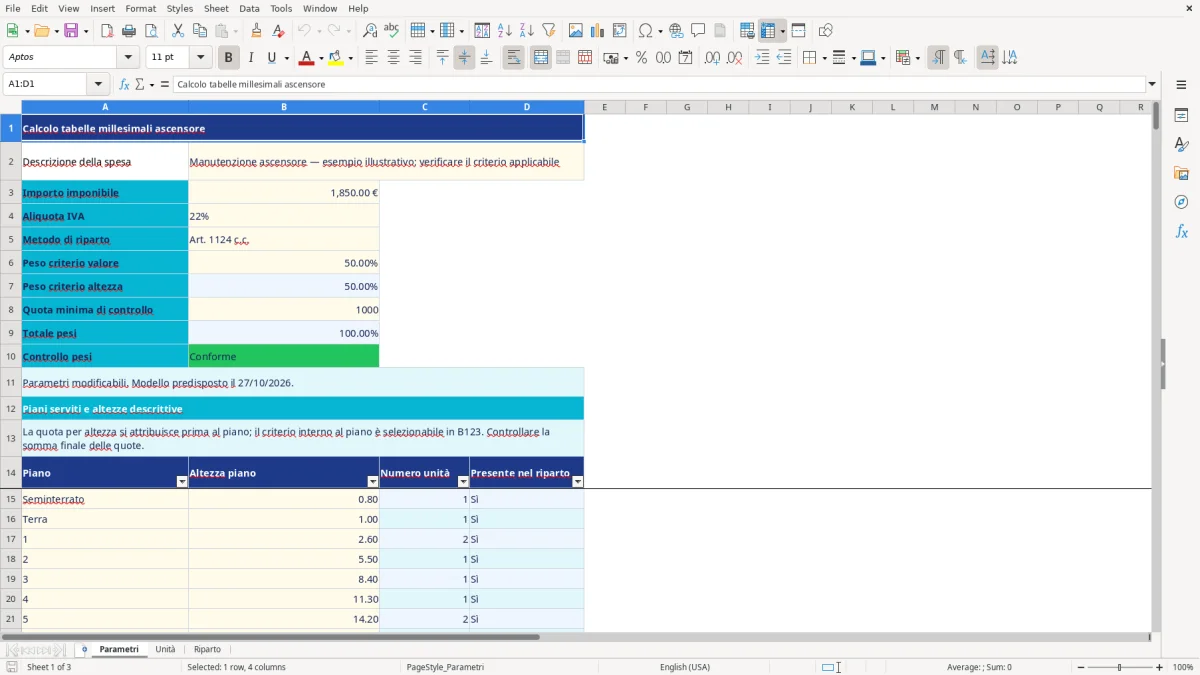 Anteprima del modello Excel calcolo tabelle millesimali ascensore excel — foglio Parametri (immagine 1)