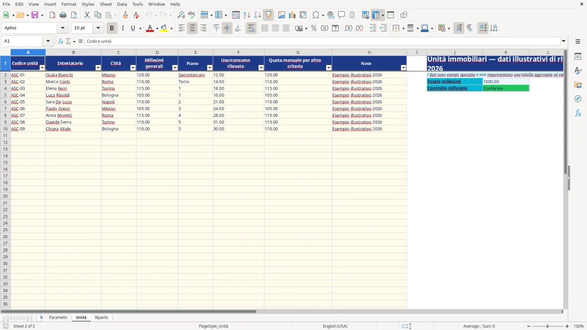 Anteprima del modello Excel calcolo tabelle millesimali ascensore excel — foglio Unità (immagine 2)