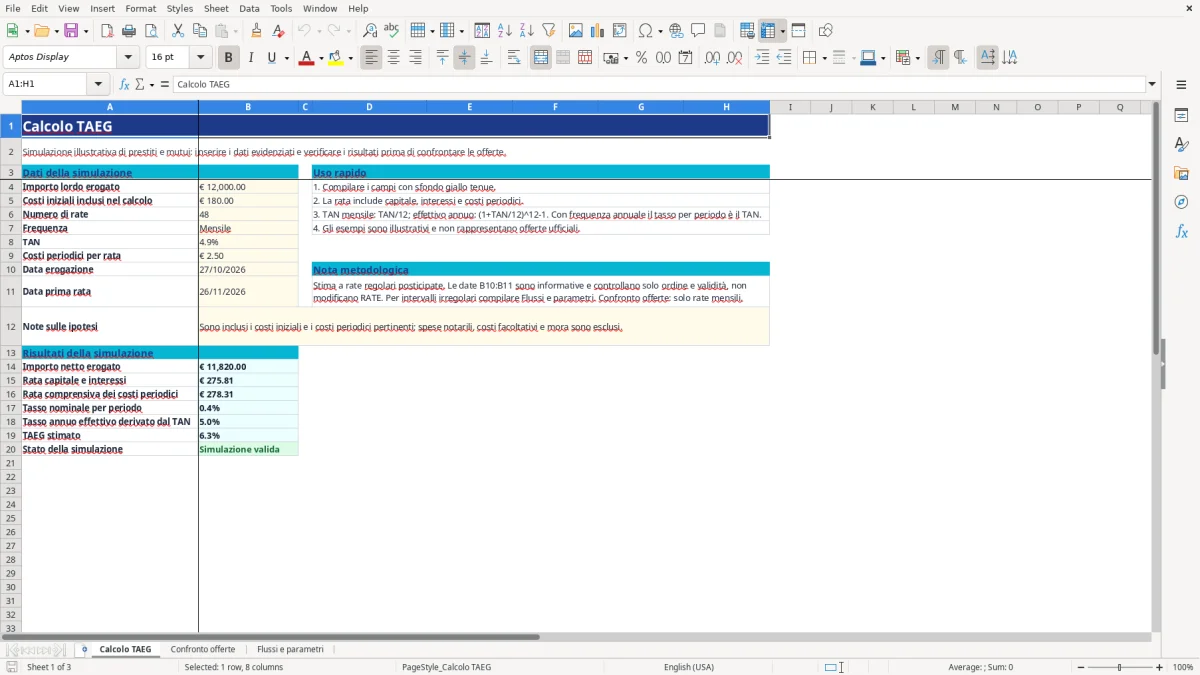 Anteprima del modello Excel calcolo taeg excel — foglio Calcolo TAEG (immagine 1)