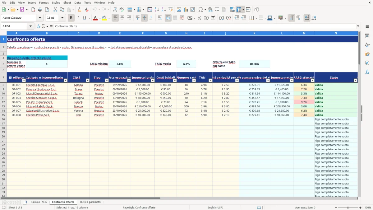 Anteprima del modello Excel calcolo taeg excel — foglio Confronto offerte (immagine 2)