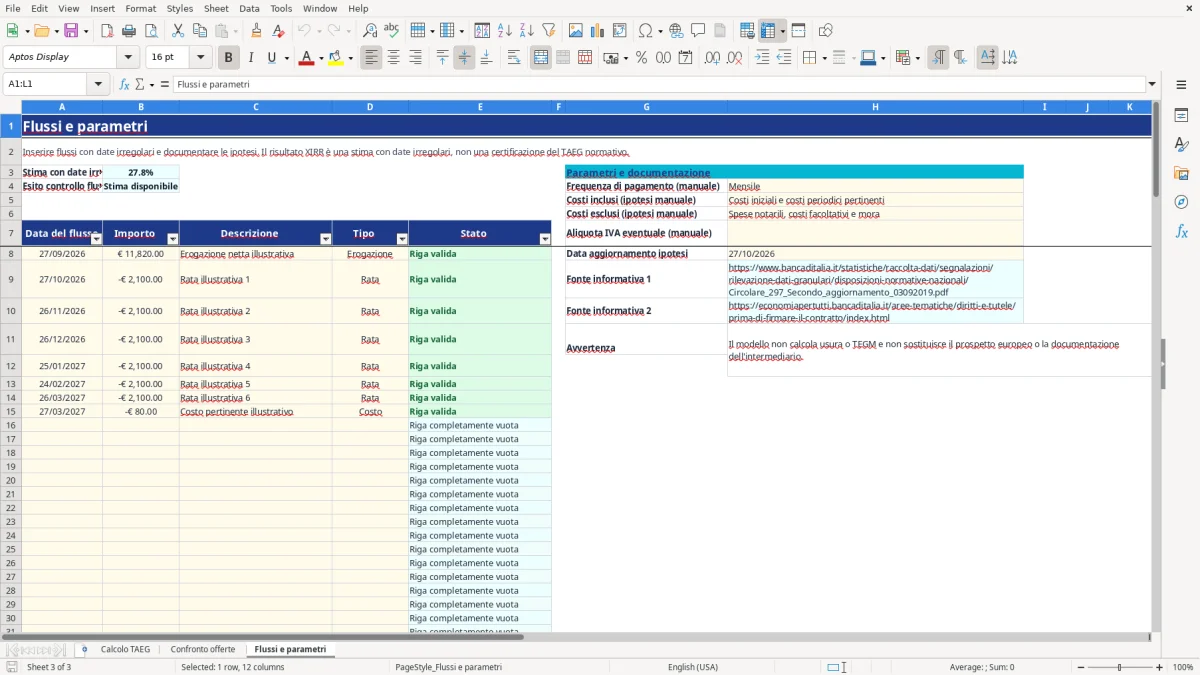 Anteprima del modello Excel calcolo taeg excel — foglio Flussi e parametri (immagine 3)