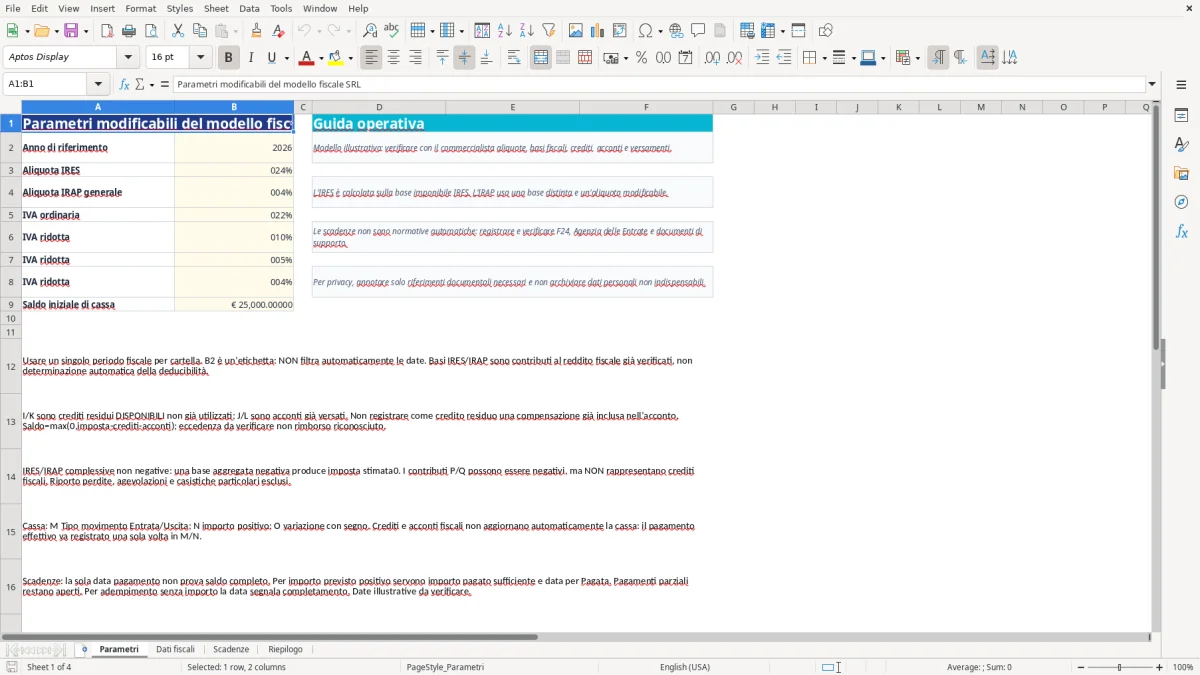 Anteprima del modello Excel calcolo tasse srl excel — foglio Parametri (immagine 1)