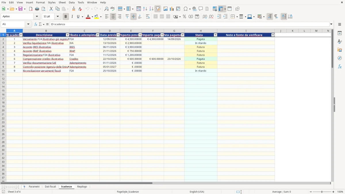 Anteprima del modello Excel calcolo tasse srl excel — foglio Scadenze (immagine 3)