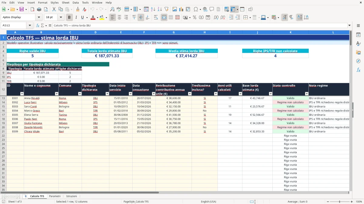 Anteprima del modello Excel calcolo tfs excel — foglio Calcolo TFS (immagine 1)