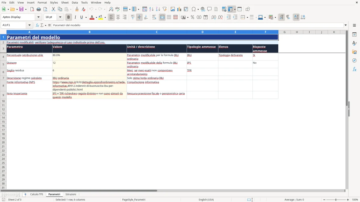 Anteprima del modello Excel calcolo tfs excel — foglio Parametri (immagine 2)