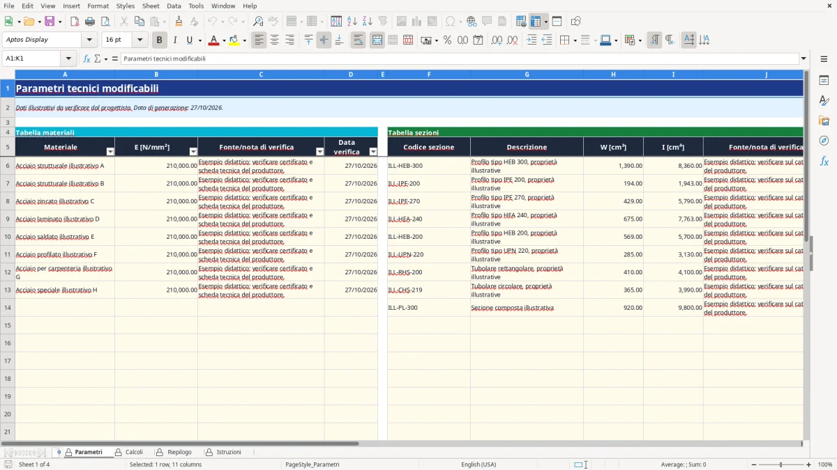 Anteprima del modello Excel calcolo travi acciaio excel — foglio Parametri (immagine 1)