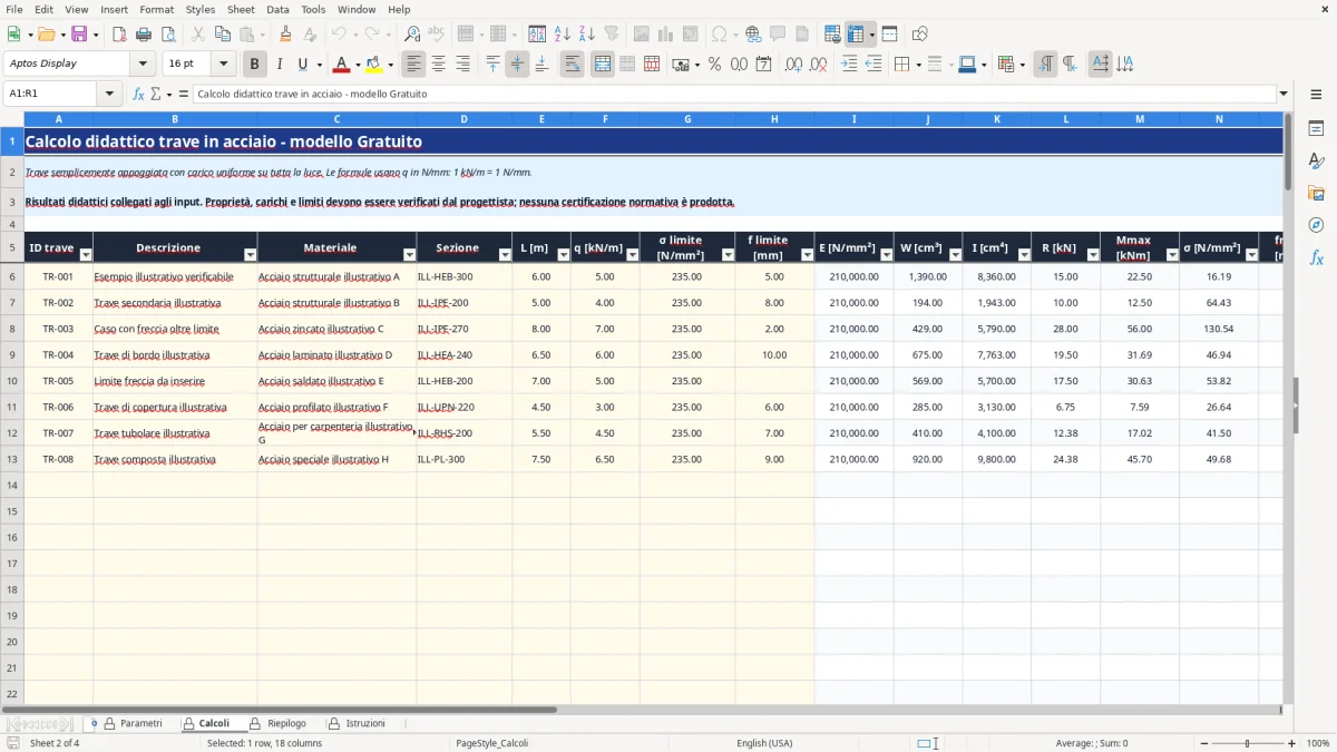 Anteprima del modello Excel calcolo travi acciaio excel — foglio Calcoli (immagine 2)