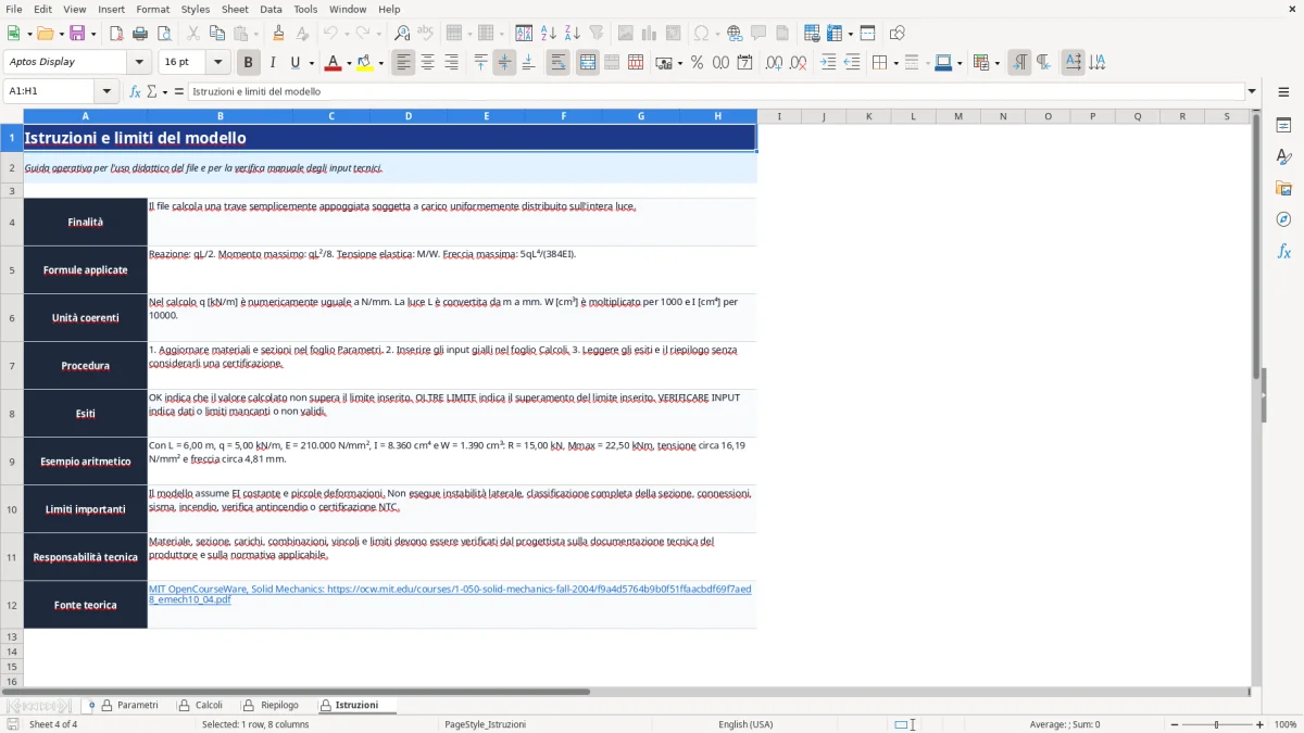 Anteprima del modello Excel calcolo travi acciaio excel — foglio Istruzioni (immagine 4)