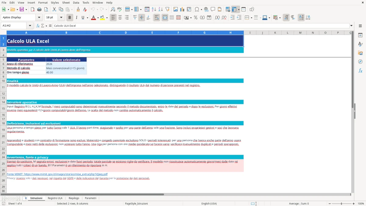 Anteprima del modello Excel calcolo ula excel — foglio Istruzioni (immagine 1)