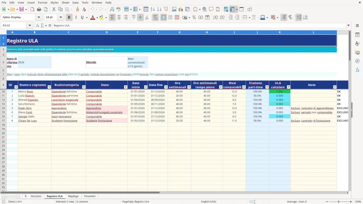 Anteprima del modello Excel calcolo ula excel — foglio Registro ULA (immagine 2)