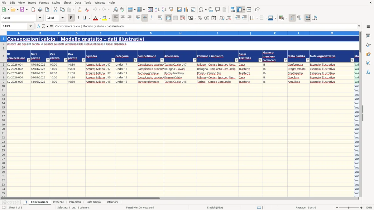 Anteprima del modello Excel convocazioni calcio excel — foglio Convocazioni (immagine 1)