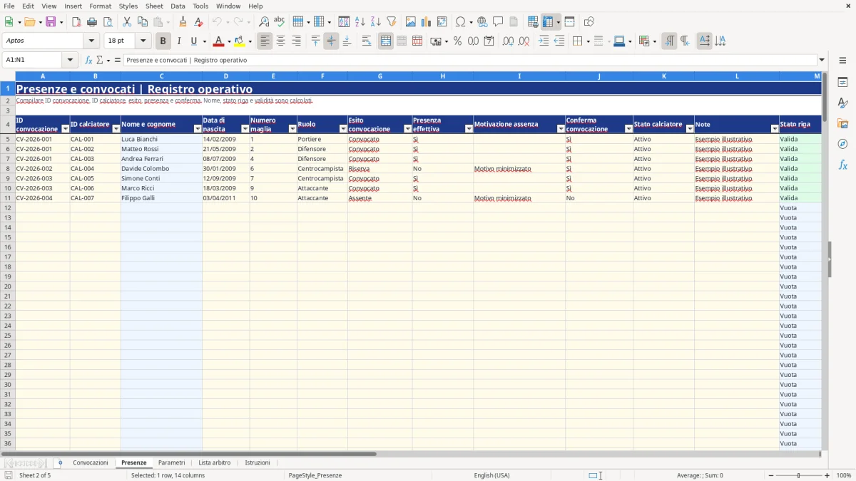Anteprima del modello Excel convocazioni calcio excel — foglio Presenze (immagine 2)