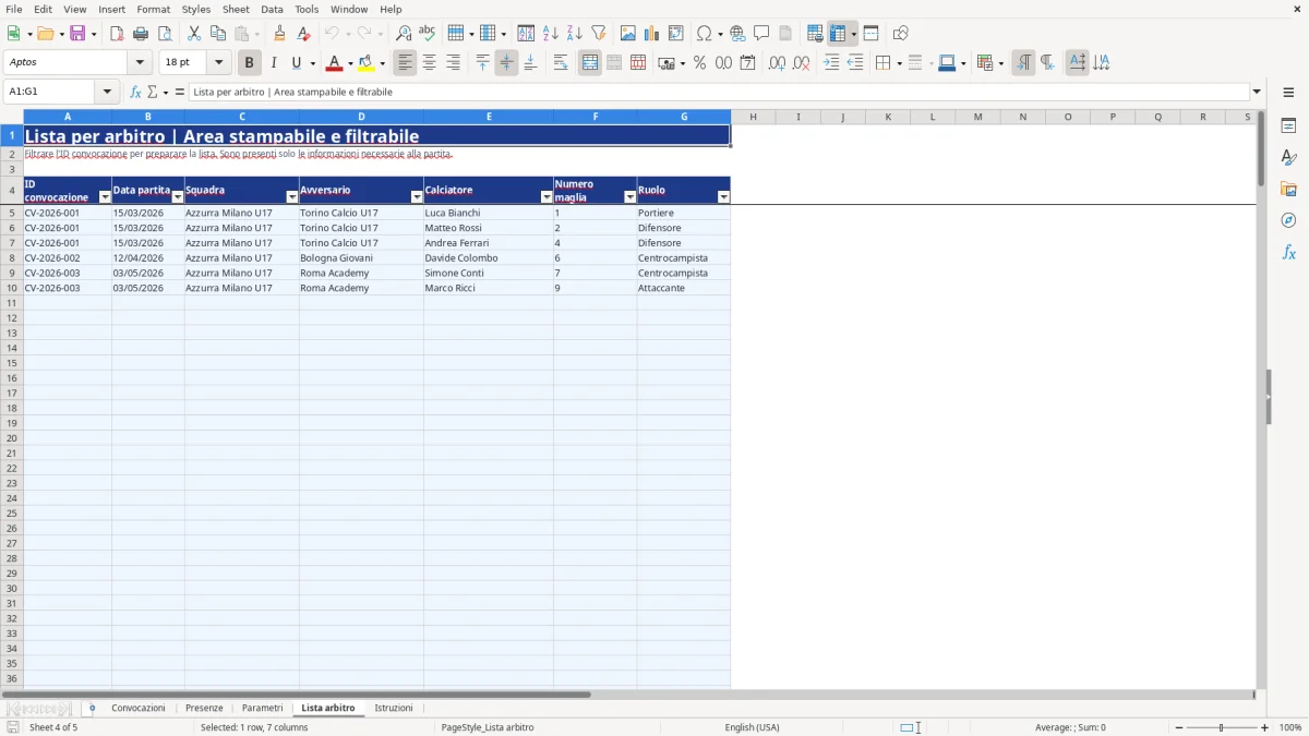 Anteprima del modello Excel convocazioni calcio excel — foglio Lista arbitro (immagine 4)