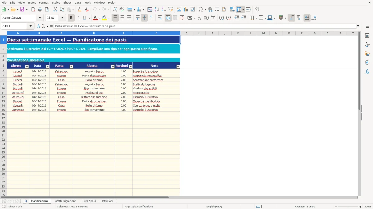 Anteprima del modello Excel dieta settimanale excel — foglio Pianificazione (immagine 1)