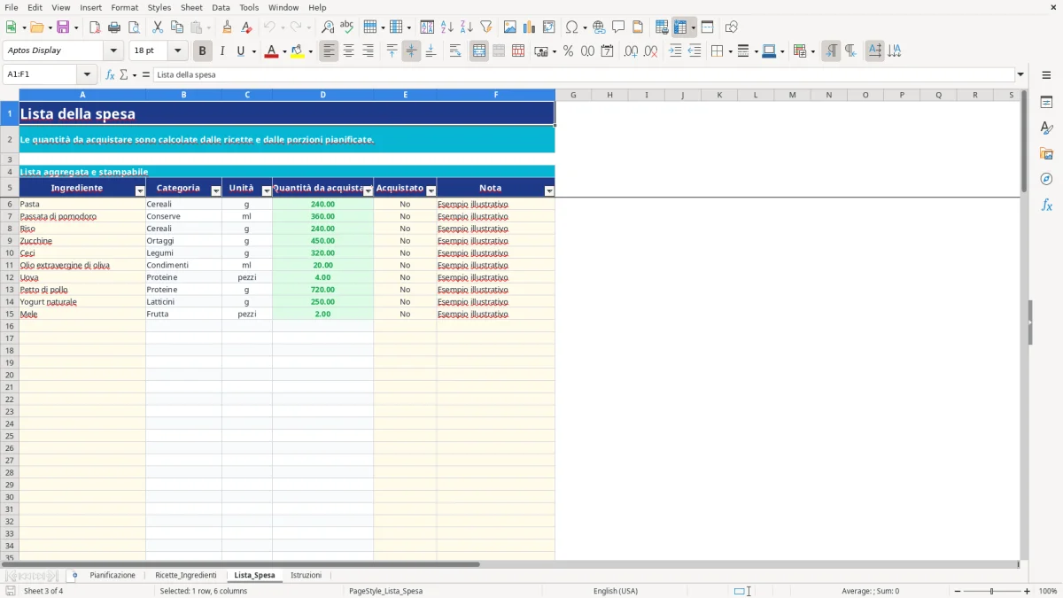 Anteprima del modello Excel dieta settimanale excel — foglio Lista_Spesa (immagine 3)