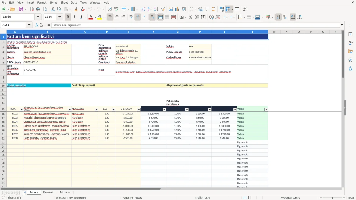 Anteprima del modello Excel fattura beni significativi excel — foglio Fattura (immagine 1)