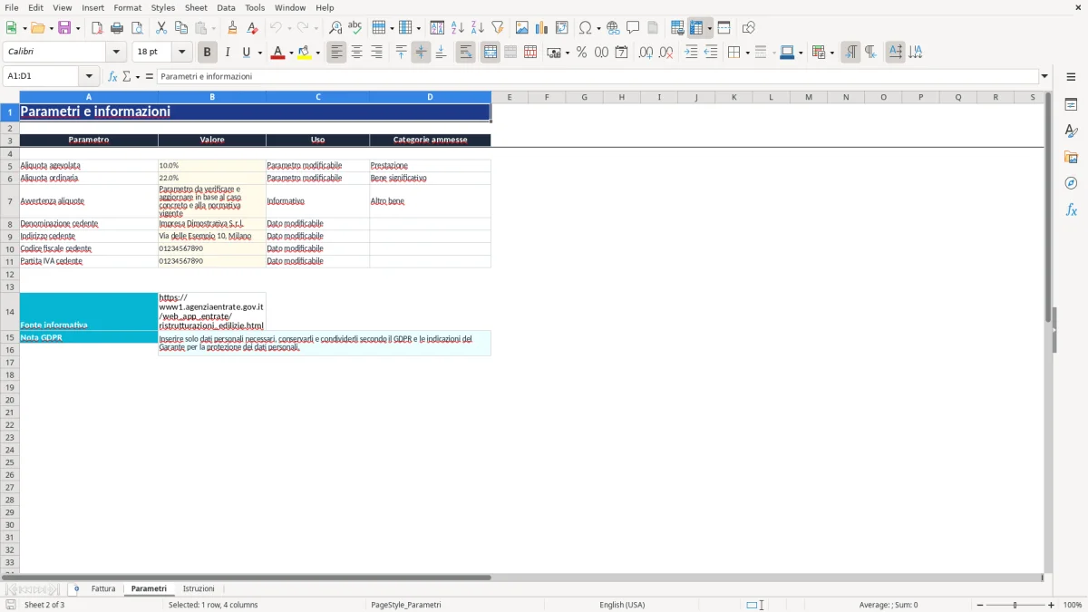 Anteprima del modello Excel fattura beni significativi excel — foglio Parametri (immagine 2)