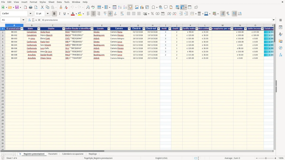 Anteprima del modello Excel gestione B&B excel — foglio Registro prenotazioni (immagine 1)