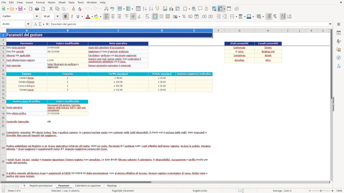 Anteprima del modello Excel gestione B&B excel — foglio Parametri (immagine 2)