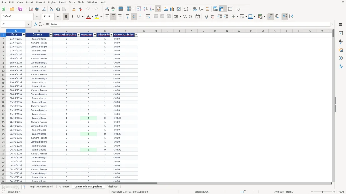 Anteprima del modello Excel gestione B&B excel — foglio Calendario occupazione (immagine 3)