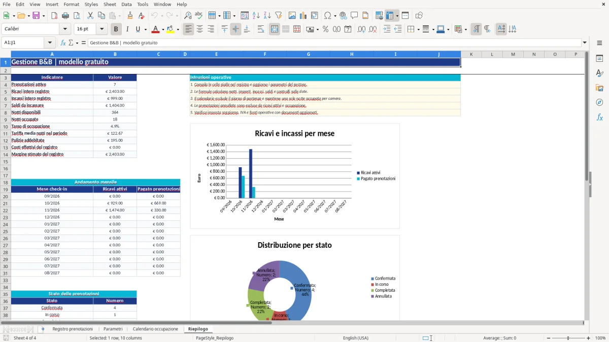 Anteprima del modello Excel gestione B&B excel — foglio Riepilogo (immagine 4)