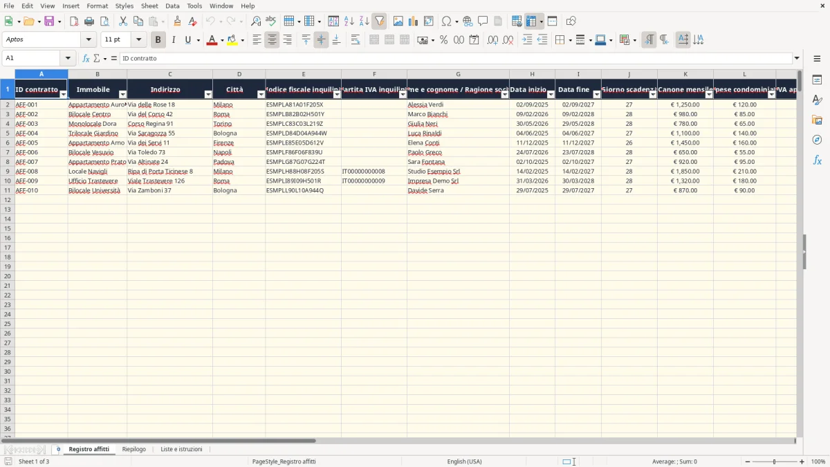 Anteprima del modello Excel gestione affitti excel — foglio Registro affitti (immagine 1)