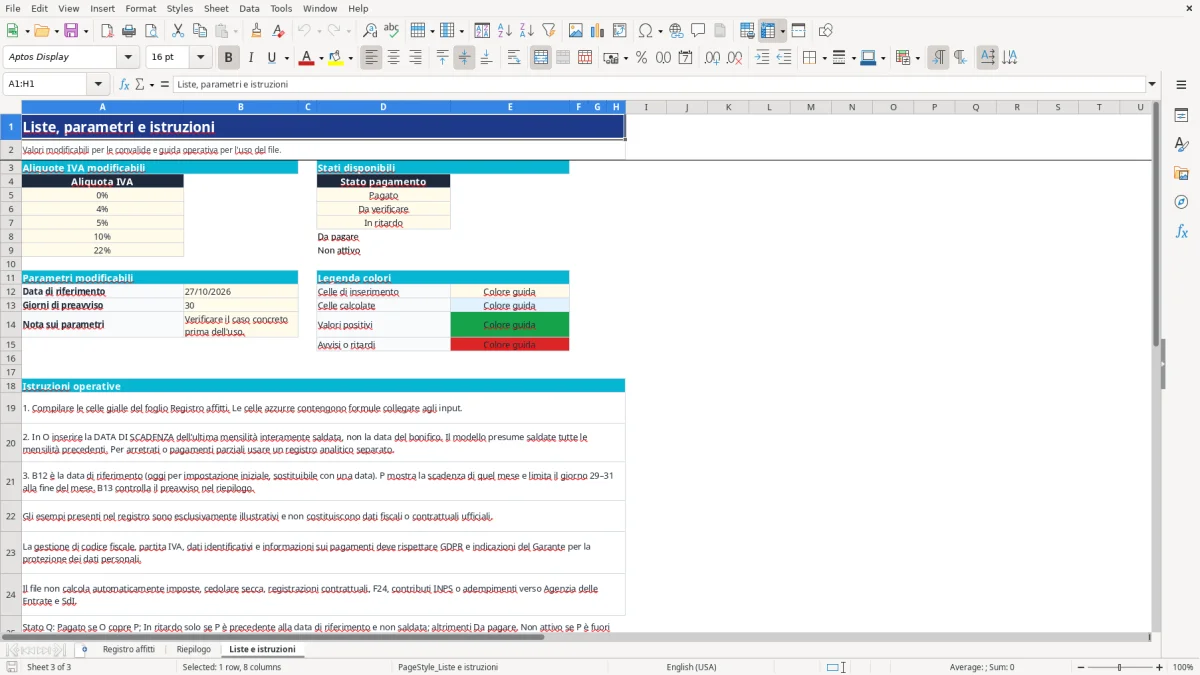Anteprima del modello Excel gestione affitti excel — foglio Liste e istruzioni (immagine 3)