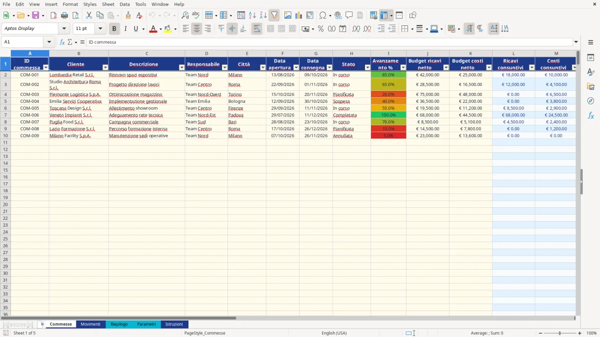 Anteprima del modello Excel gestione commesse excel — foglio Commesse (immagine 1)