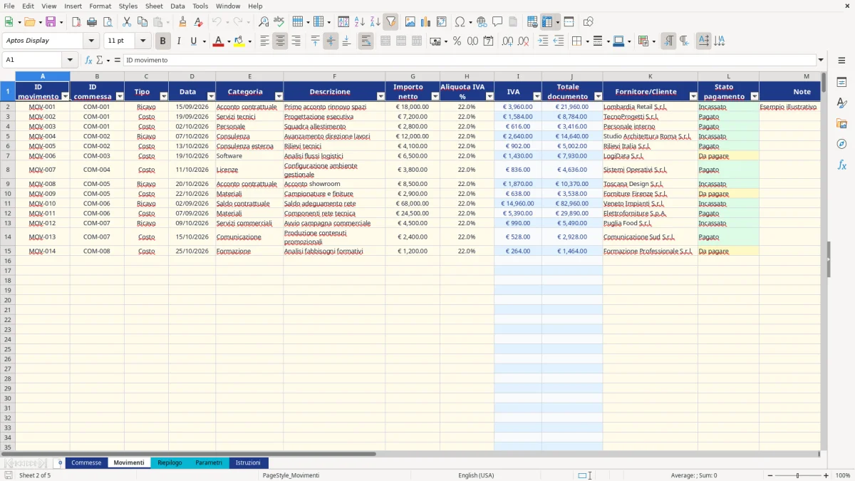 Anteprima del modello Excel gestione commesse excel — foglio Movimenti (immagine 2)