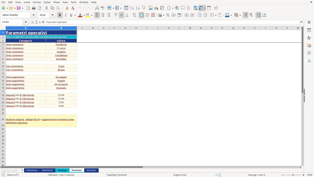 Anteprima del modello Excel gestione commesse excel — foglio Parametri (immagine 4)