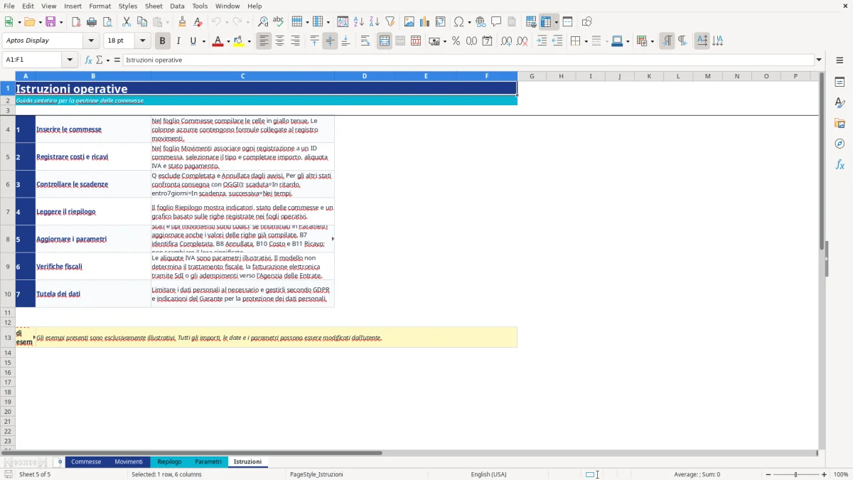 Anteprima del modello Excel gestione commesse excel — foglio Istruzioni (immagine 5)