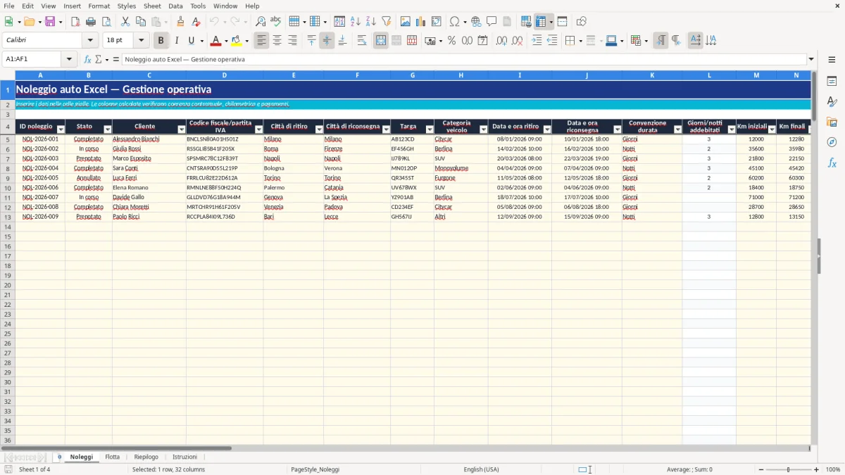 Anteprima del modello Excel noleggio auto excel — foglio Noleggi (immagine 1)