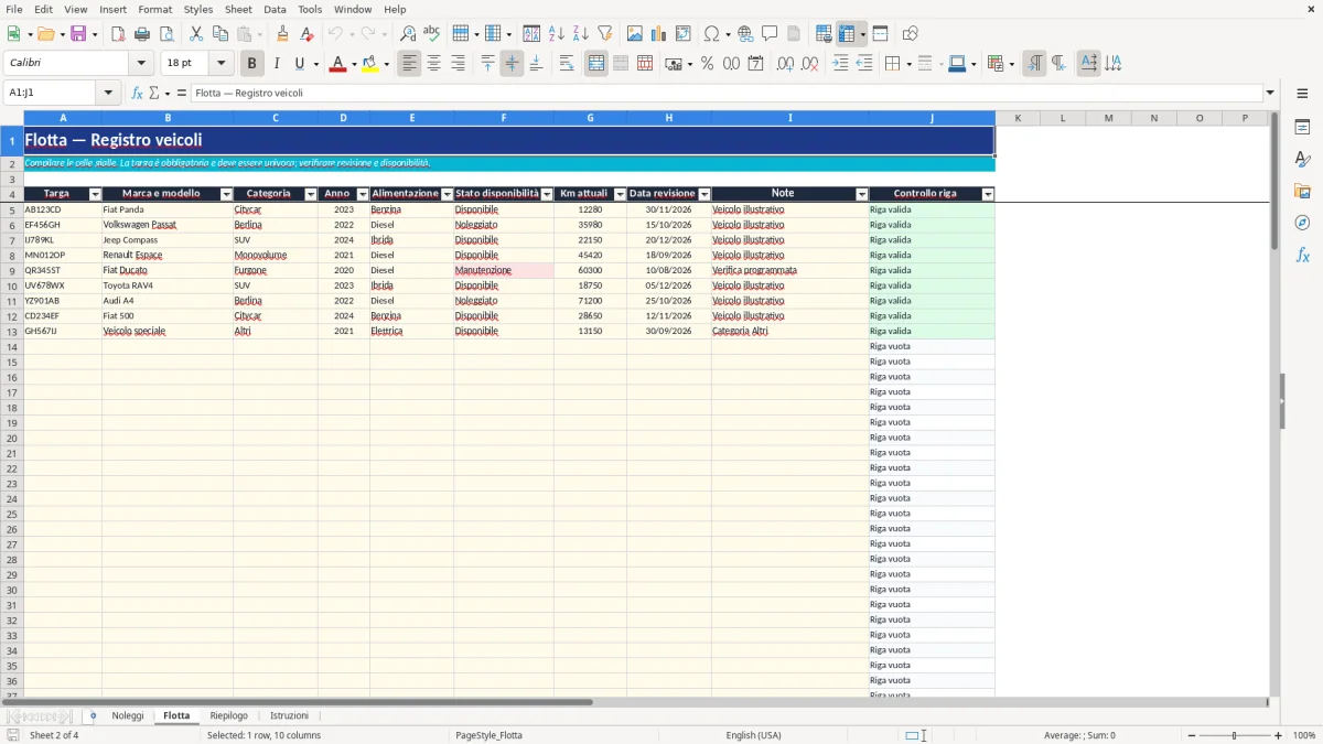 Anteprima del modello Excel noleggio auto excel — foglio Flotta (immagine 2)