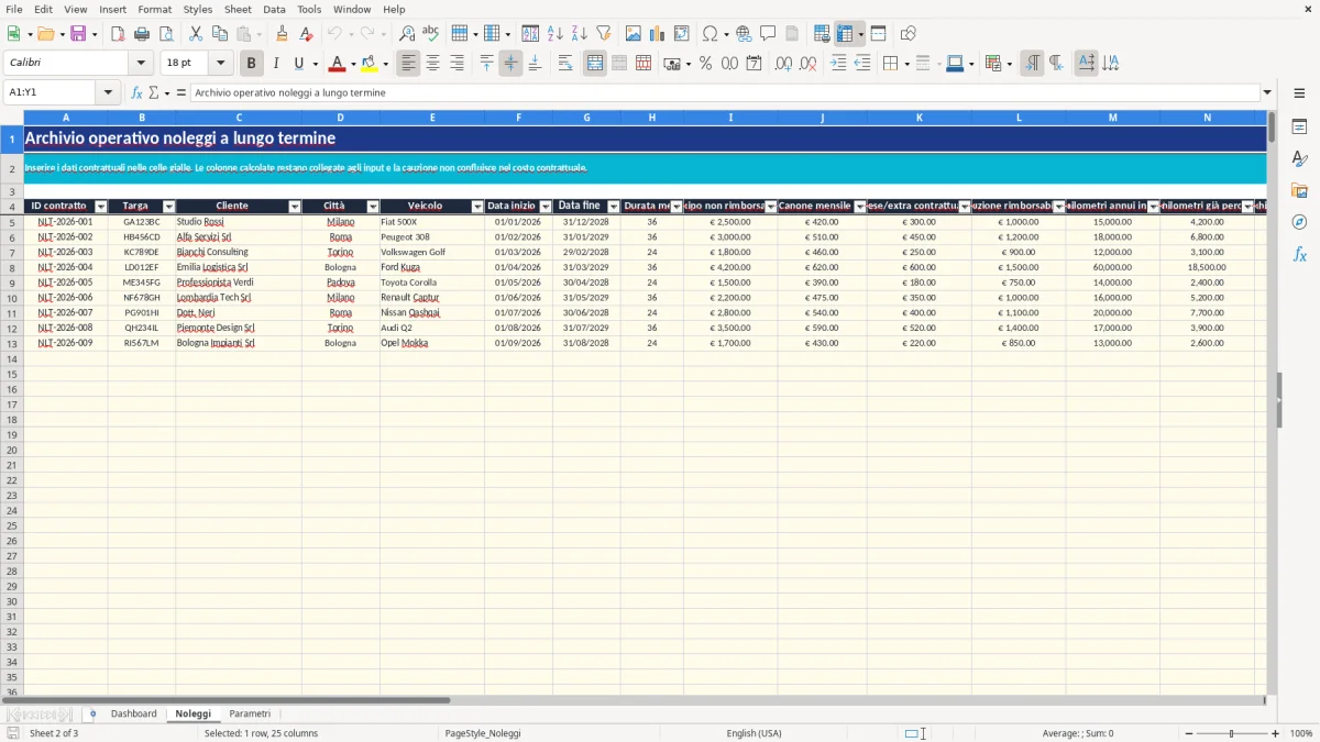 Anteprima del modello Excel noleggio lungo termine excel — foglio Noleggi (immagine 2)