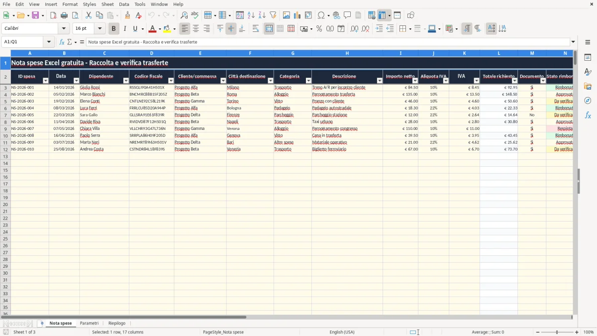 Anteprima del modello Excel nota spese excel — foglio Nota spese (immagine 1)