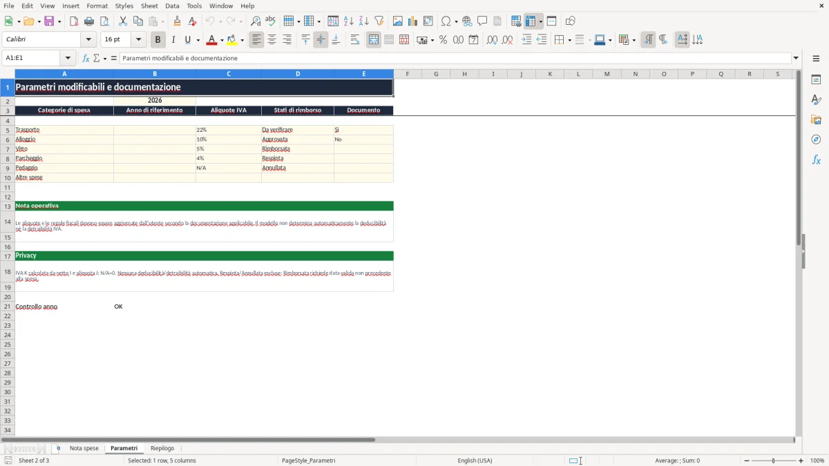 Anteprima del modello Excel nota spese excel — foglio Parametri (immagine 2)