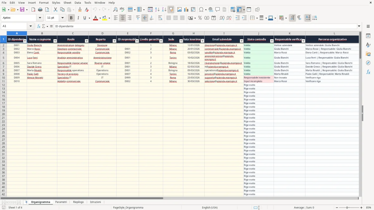 Anteprima del modello Excel organigramma aziendale excel — foglio Organigramma (immagine 1)